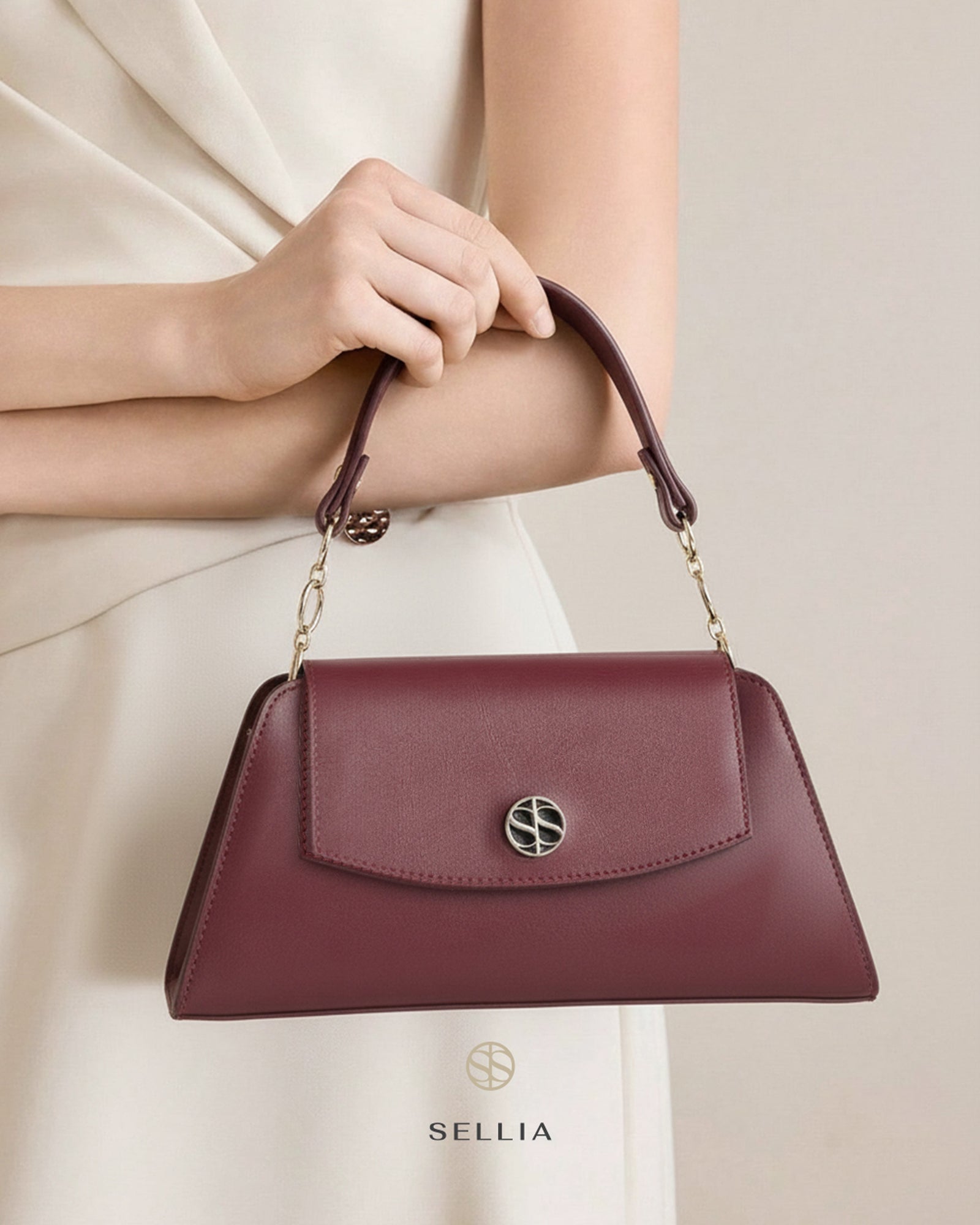 SELLIA SOMA burgundy leather handbag — detail